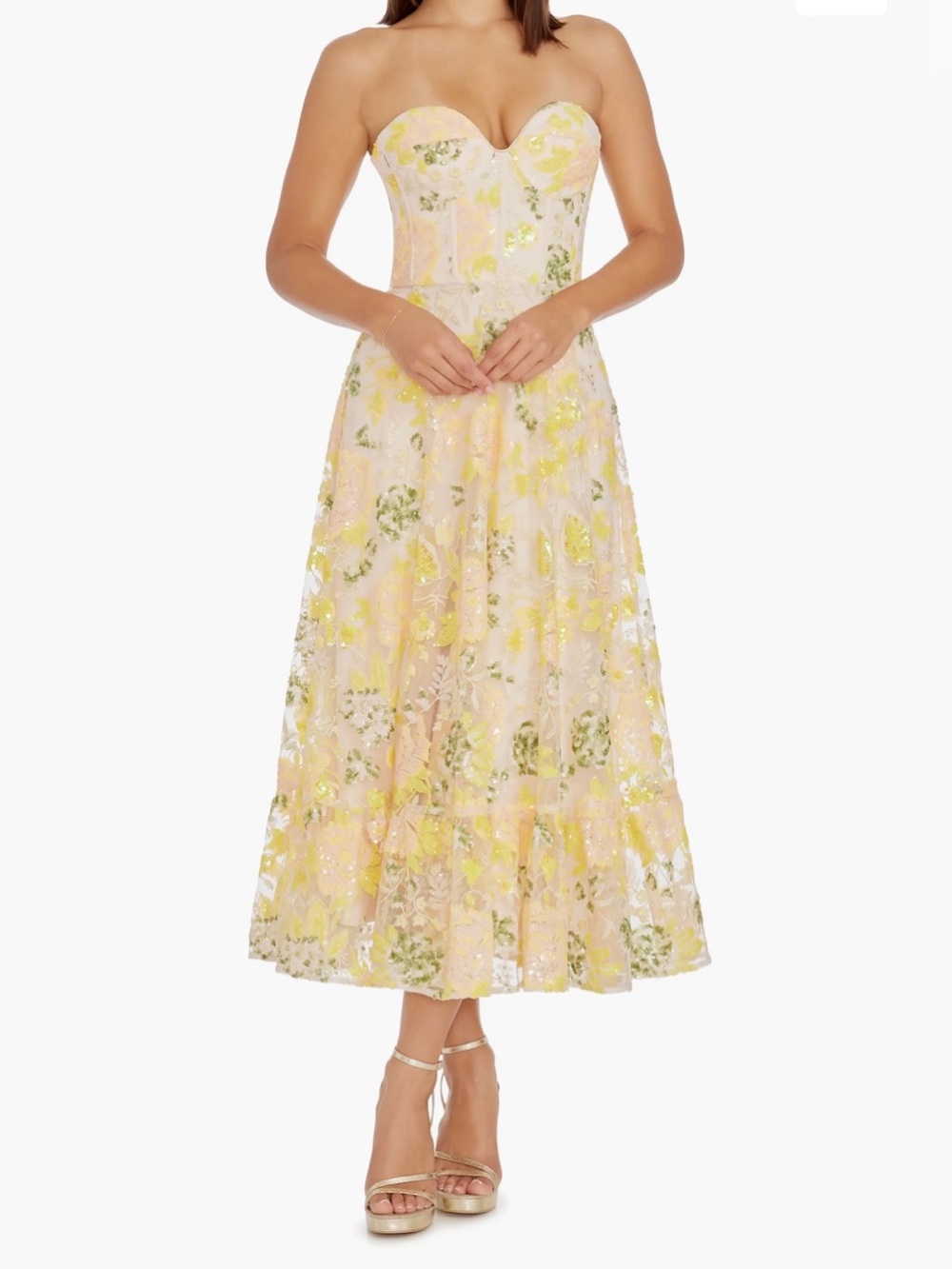 Dress the Population Carina Sequin Appliqué Midi Dress in Canary Multi, Sz XS